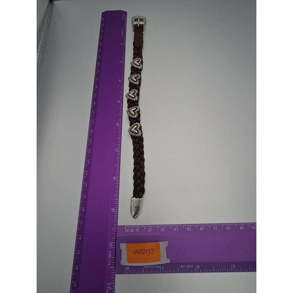 Vtg BRIGHTON Signed 1994 Bracelet Braided Leather Brown Silver Hearts FREE $HIP!